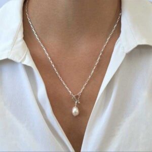 Amen B Jewels - chain necklace with heart toggle closer and a large pearl pendant (2)