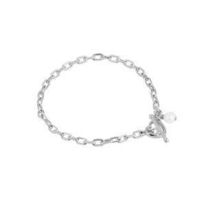 Amen Jewelry - Juliette - Chain Links Bracelet With Pearl Charm and Heart Toggle Closure