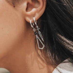 Amen B Jewels - Sterling Silver geometric earrings with sparkle black zircons flower