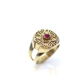 Amen B Jewels - Andrea Ring - 14k gold filigree signet ring with a ruby (1)